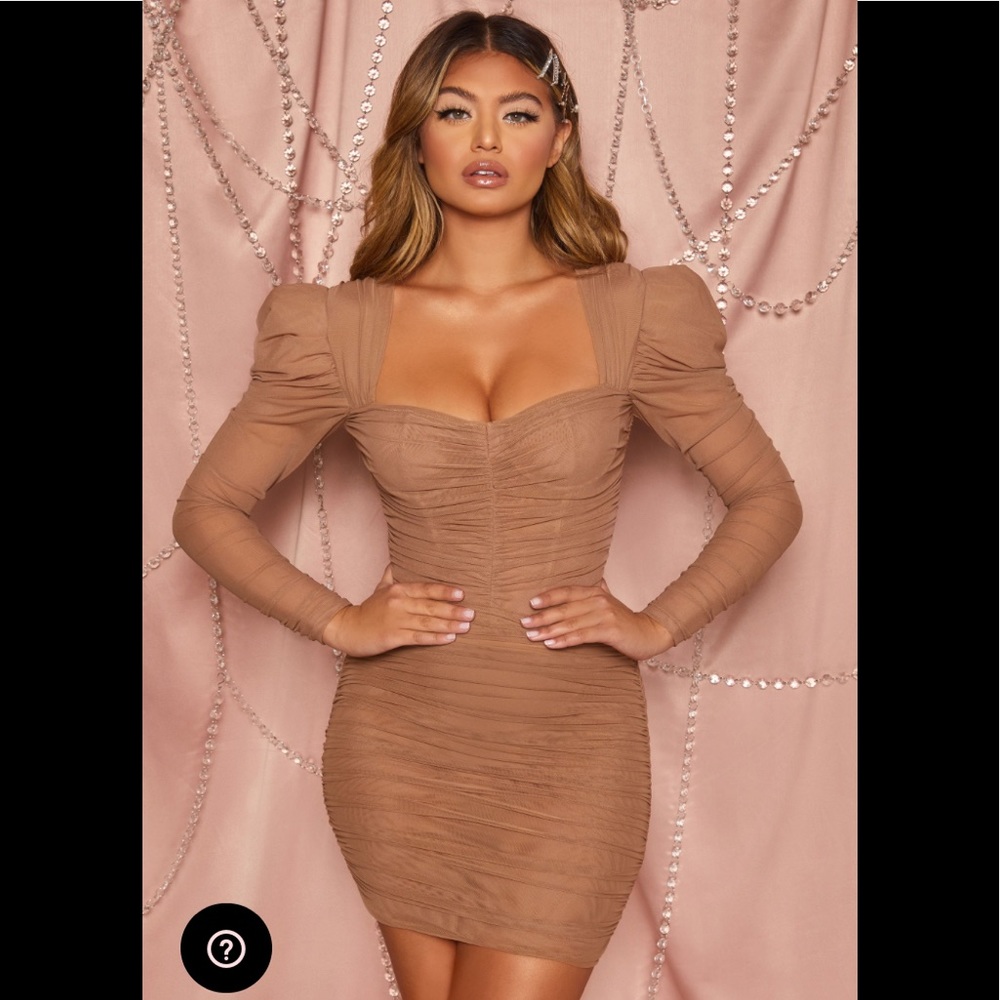 Ohpolly Sexy Nude Tan Mesh Puff Sleeve Sheer Dress